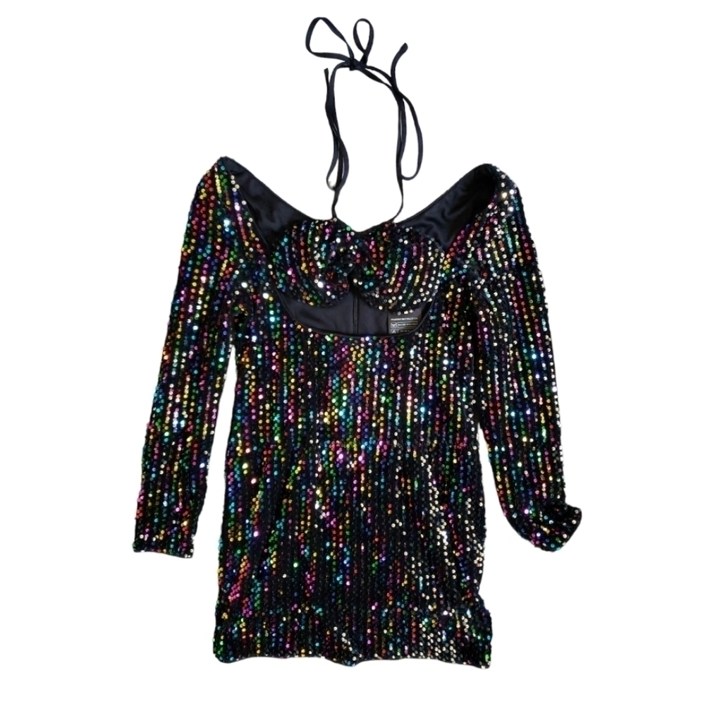 NWT Giffniseti Rainbow Sequins Cut Out Mini Dress Size M